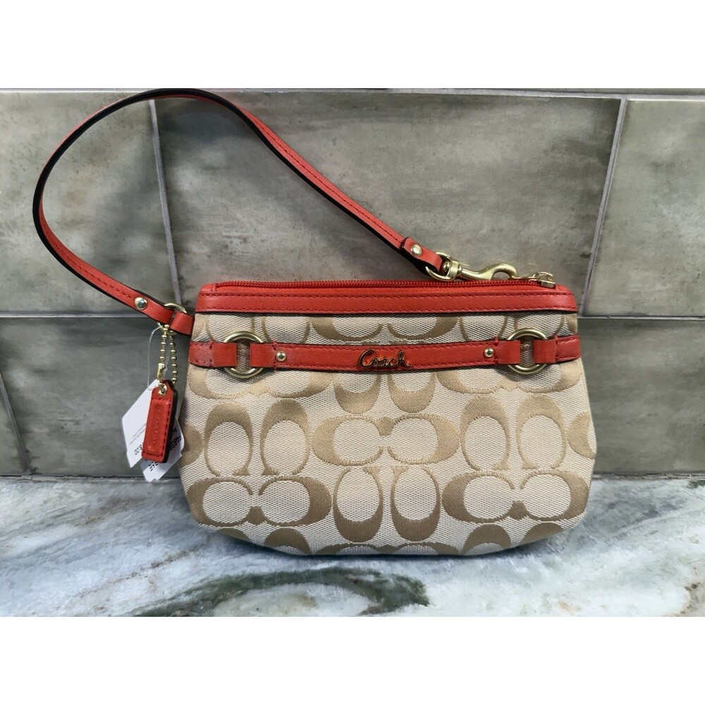 Coach Signature Med Wristlet Khaki Persimmon New With Tags F48383 Blood Orange